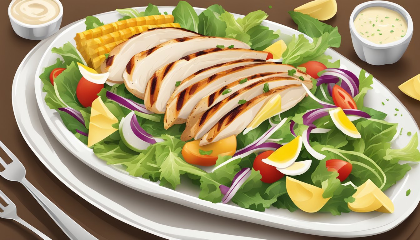 A colorful array of fresh salad ingredients arranged on a plate, with grilled chicken and Caesar dressing drizzled on top