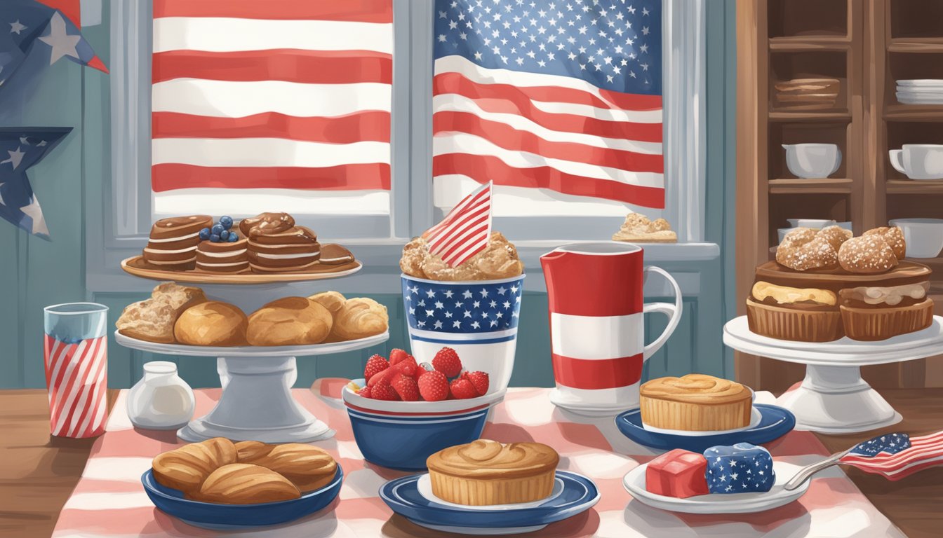 A cozy kitchen with a patriotic-themed table setting, featuring delicious baked goods from veteran-owned bakeries in Texas