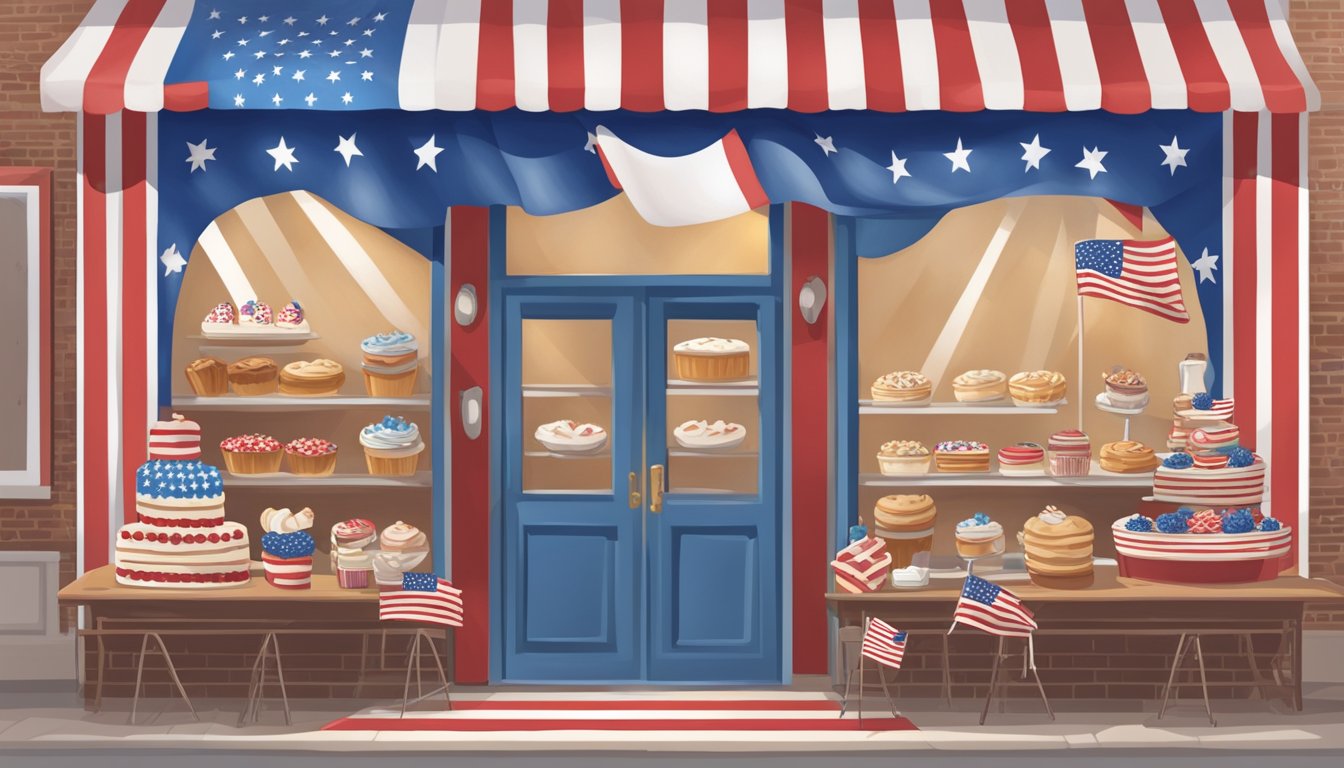 A quaint bakery with a patriotic display of red, white, and blue treats, adorned with American flags and a sign celebrating Veterans Day