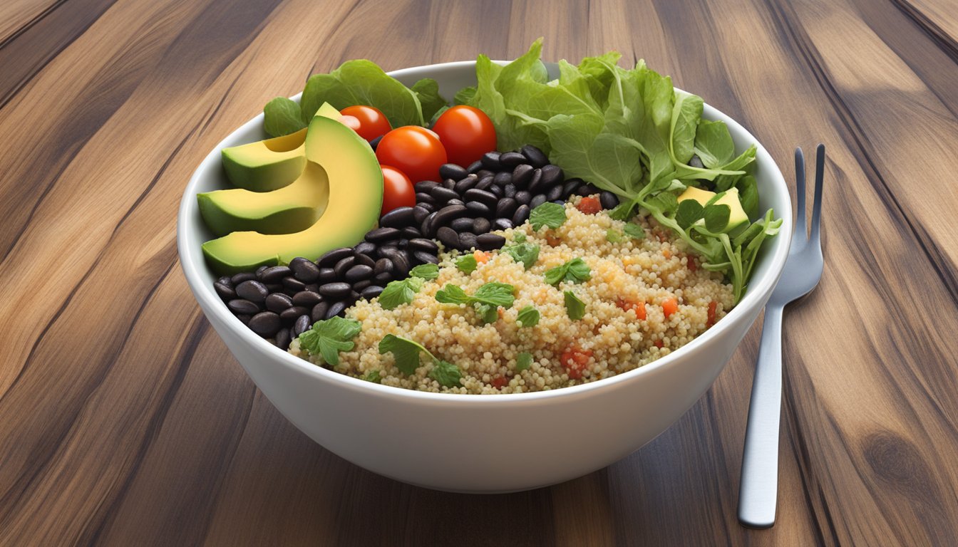 A colorful bowl filled with quinoa, black beans, mixed greens, cherry tomatoes, and avocado, topped with a zesty vinaigrette, sits on a rustic wooden table at Cafe Modern