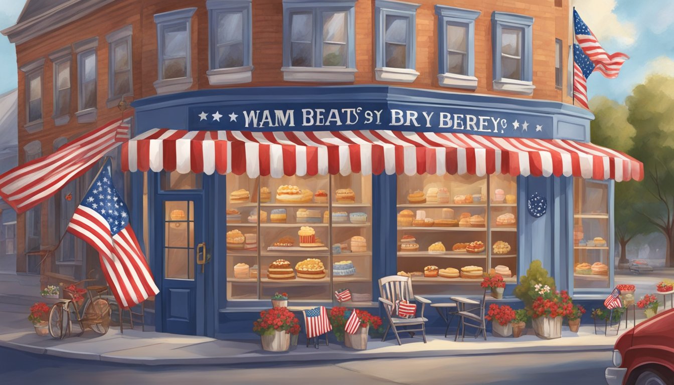 A quaint bakery adorned with patriotic decor, serving up an array of delectable treats in honor of Veterans Day