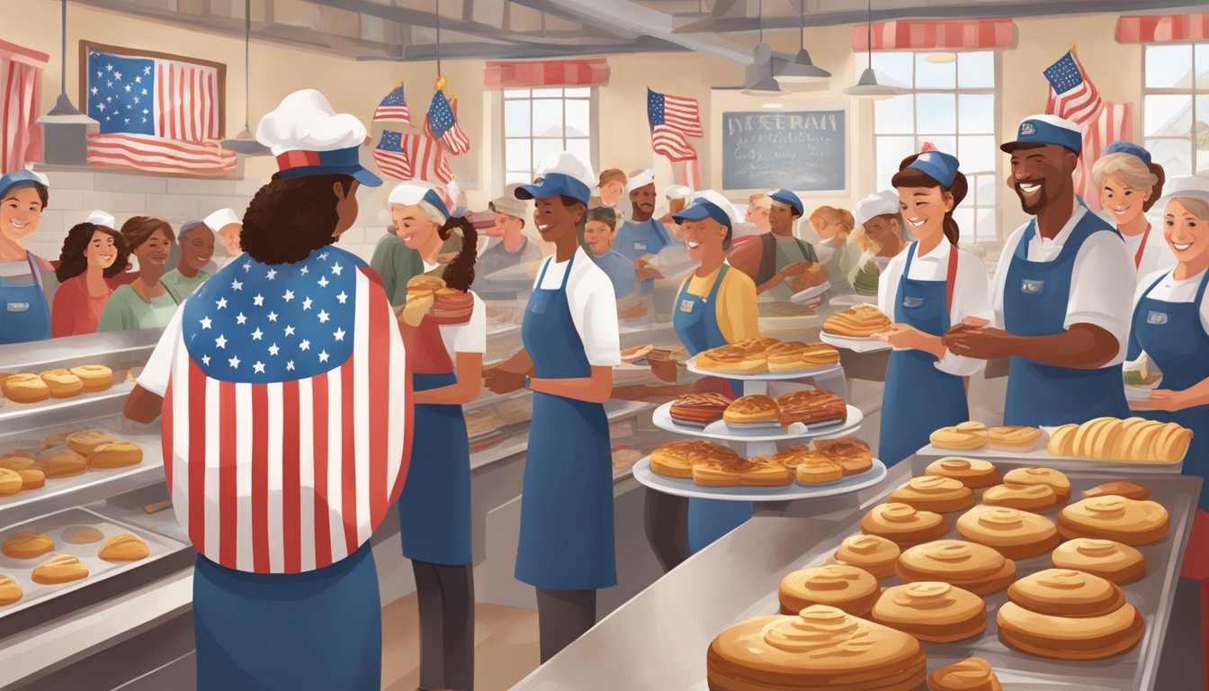 A bustling bakery filled with patriotic decor and delicious treats, customers and staff alike smiling and enjoying the sweet celebration of Veterans Day