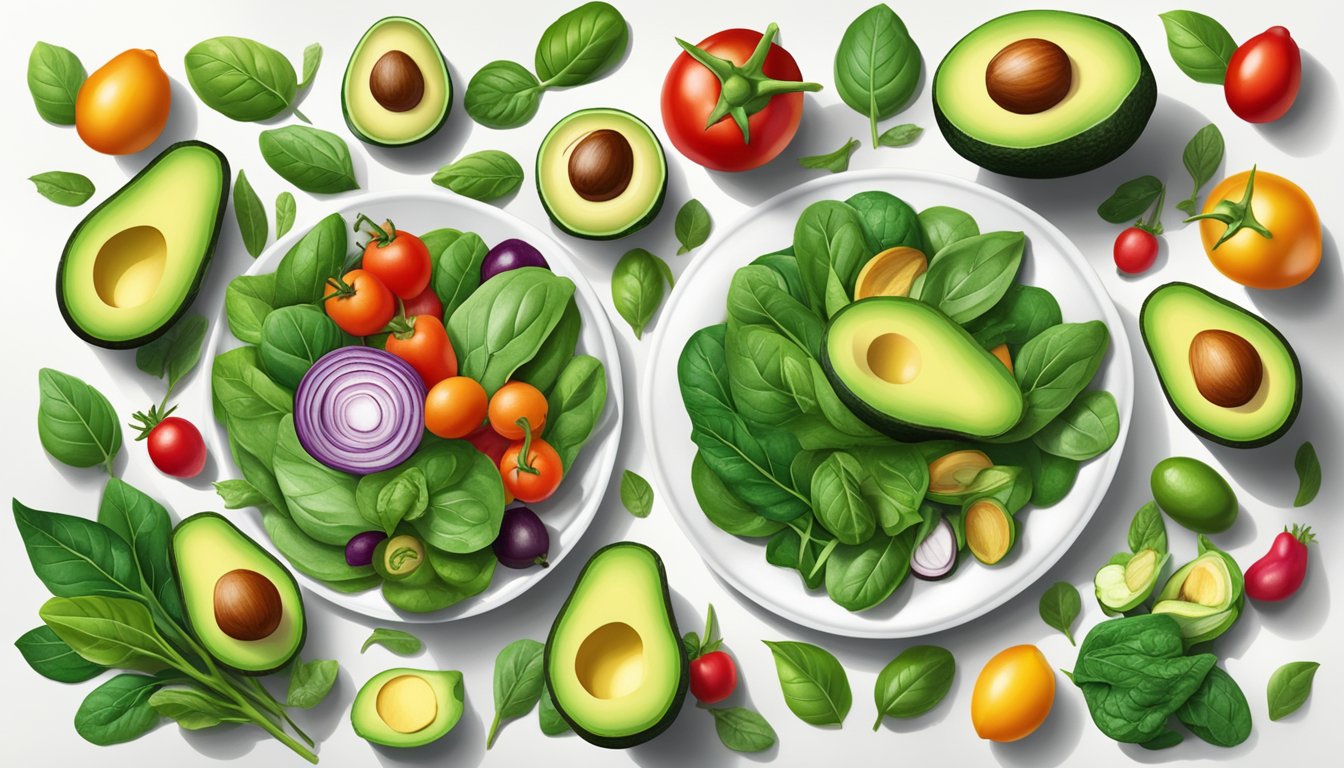 A colorful array of fresh avocados, vibrant spinach leaves, and assorted vegetables arranged on a white plate