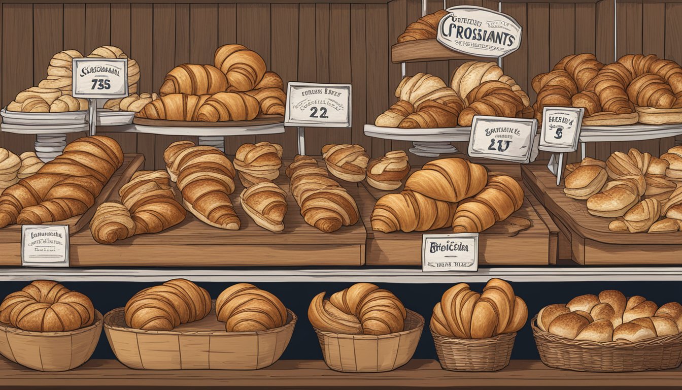 A rustic bakery display showcasing a variety of freshly baked croissants and brioche, with a sign reading "Croissant Brioche - the best croissants in Texas."