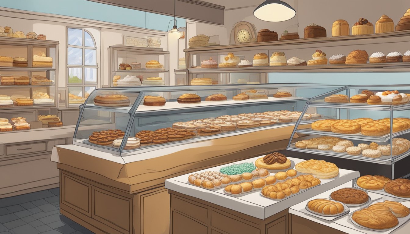 A bustling bakery filled with warm, inviting aromas. Display cases brim with an array of delectable pastries and cakes, while the kitchen bustles with veteran bakers crafting their unique offerings