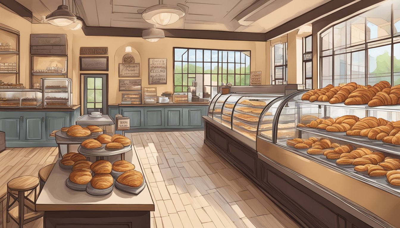 A cozy bakery with a display of freshly baked croissants and a sign reading "Common Bond Cafe & Bakery - the best croissants in Texas."