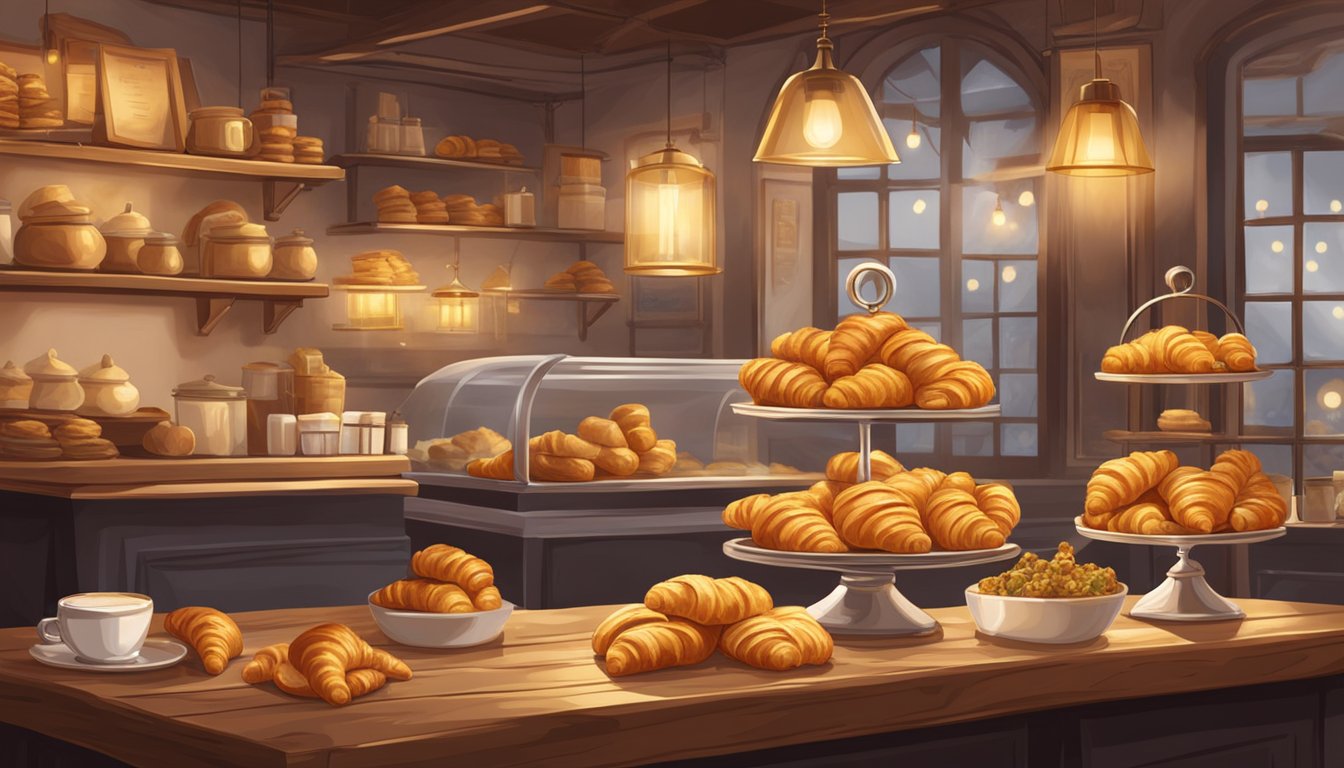 A cozy French bistro with a display of golden, flaky croissants on a rustic wooden counter. A warm, inviting atmosphere with the aroma of freshly baked pastries