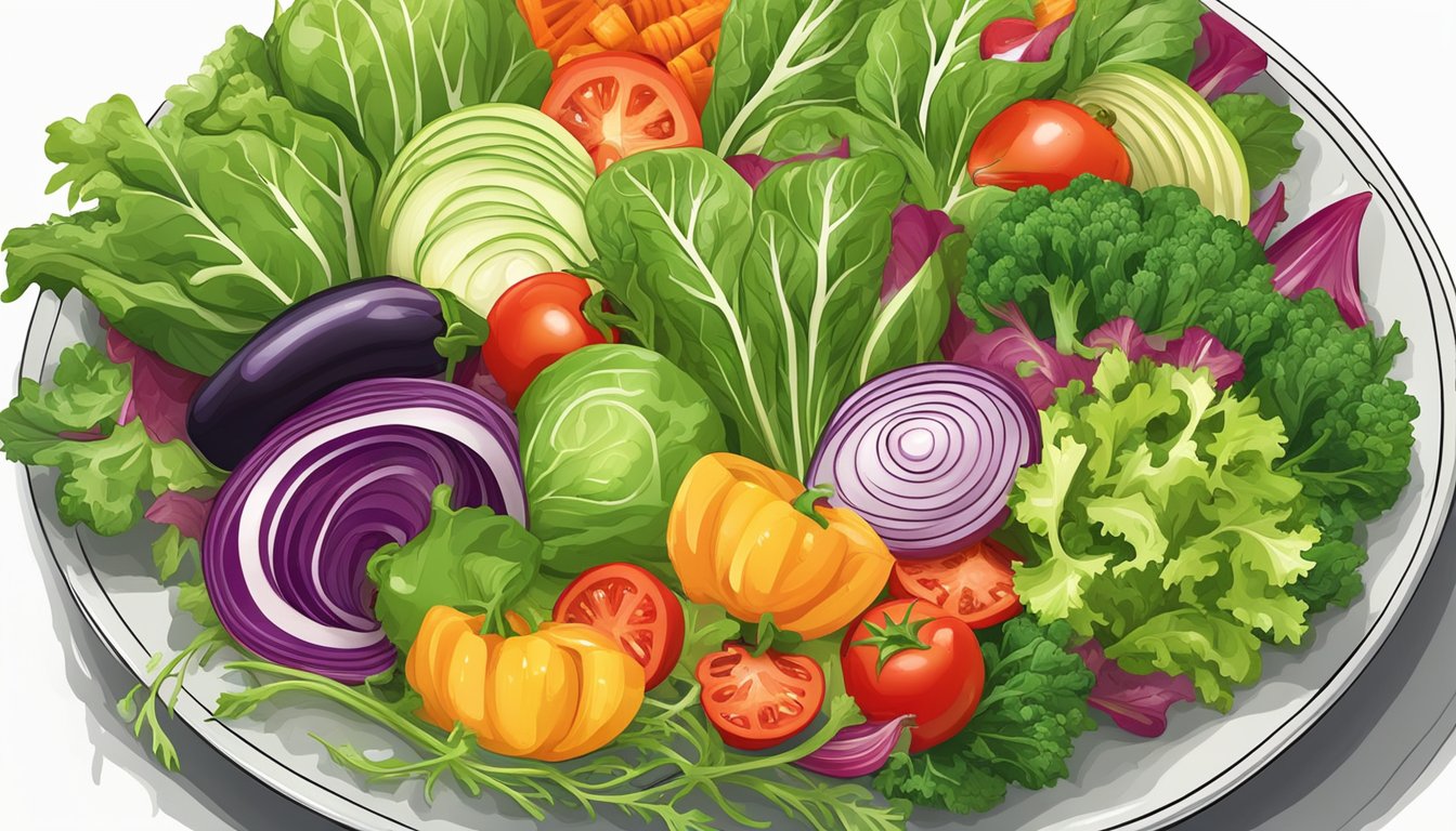 A colorful array of fresh vegetables and leafy greens arranged on a plate, with vibrant dressing drizzled on top