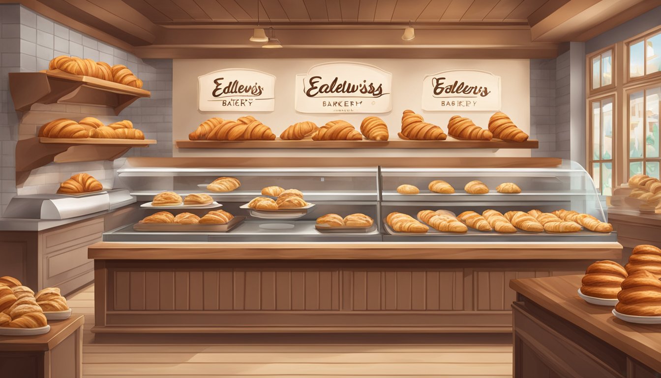 A cozy bakery with a sign reading "Edelweiss Bakery" and a display of freshly baked croissants on a wooden counter