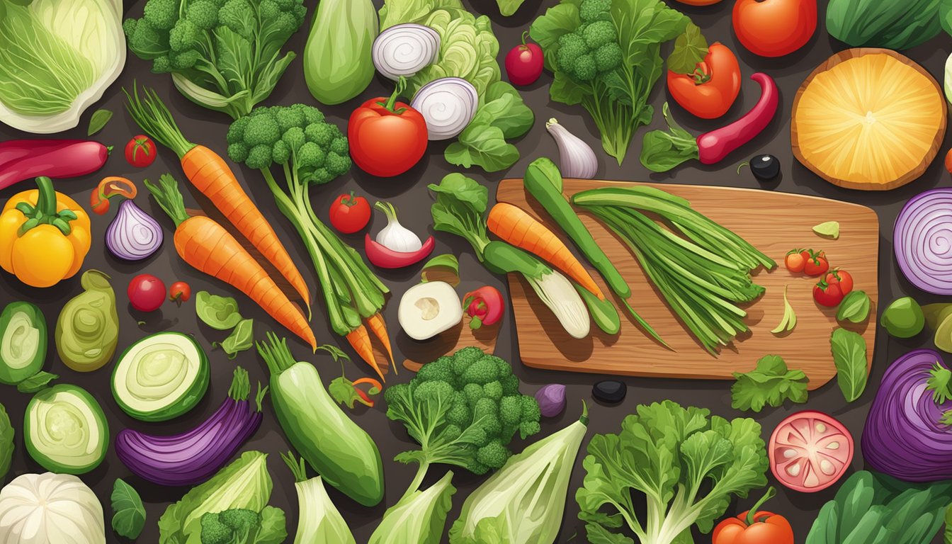 A colorful array of fresh vegetables, vibrant greens, and assorted toppings spread out on a wooden cutting board