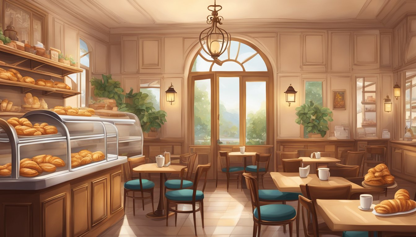 A cozy café with a charming French aesthetic, featuring a display of freshly baked croissants and a warm, inviting atmosphere