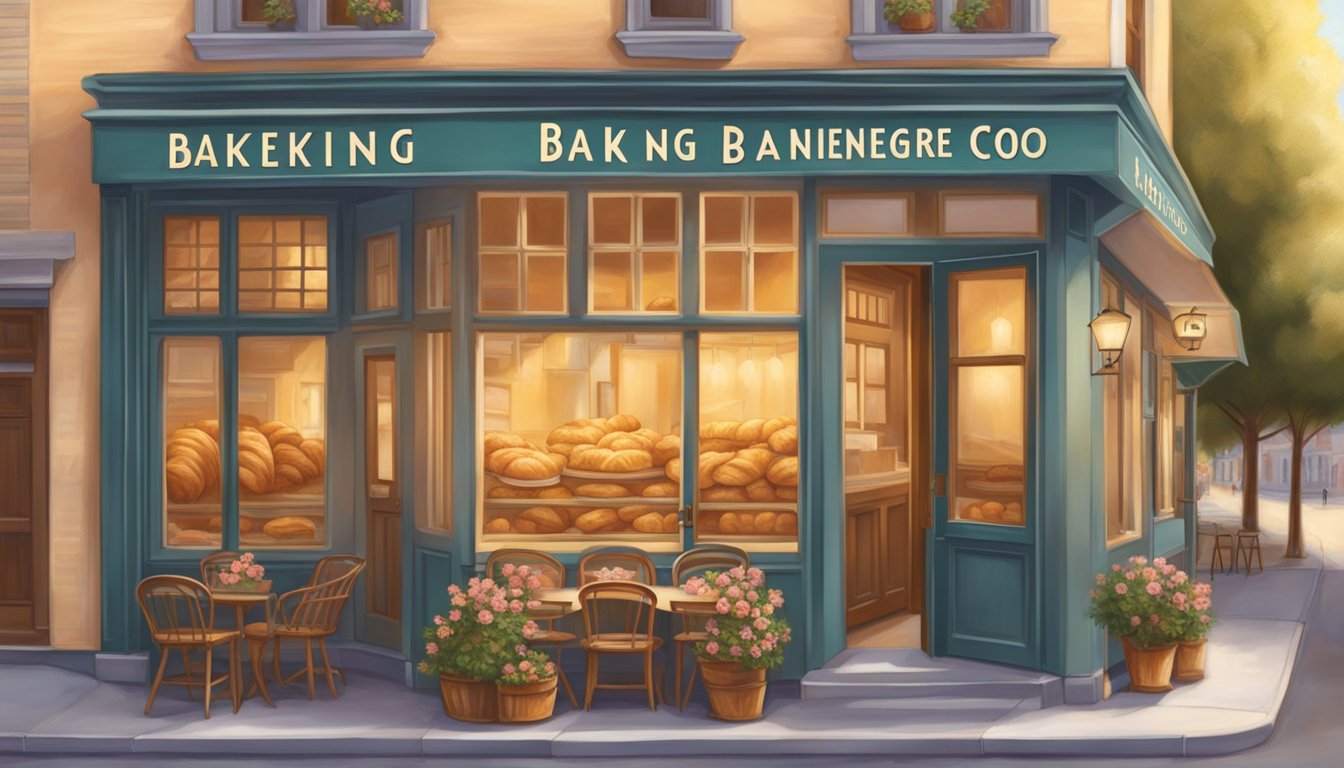 The warm glow of the morning sun illuminates the charming storefront of Village Baking Co. Boulangerie, with the inviting aroma of freshly baked croissants wafting through the air