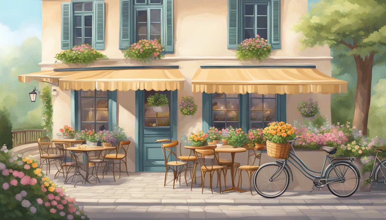 A cozy French bistro with a charming outdoor patio, adorned with blooming flowers and vintage bicycles, serving freshly baked croissants