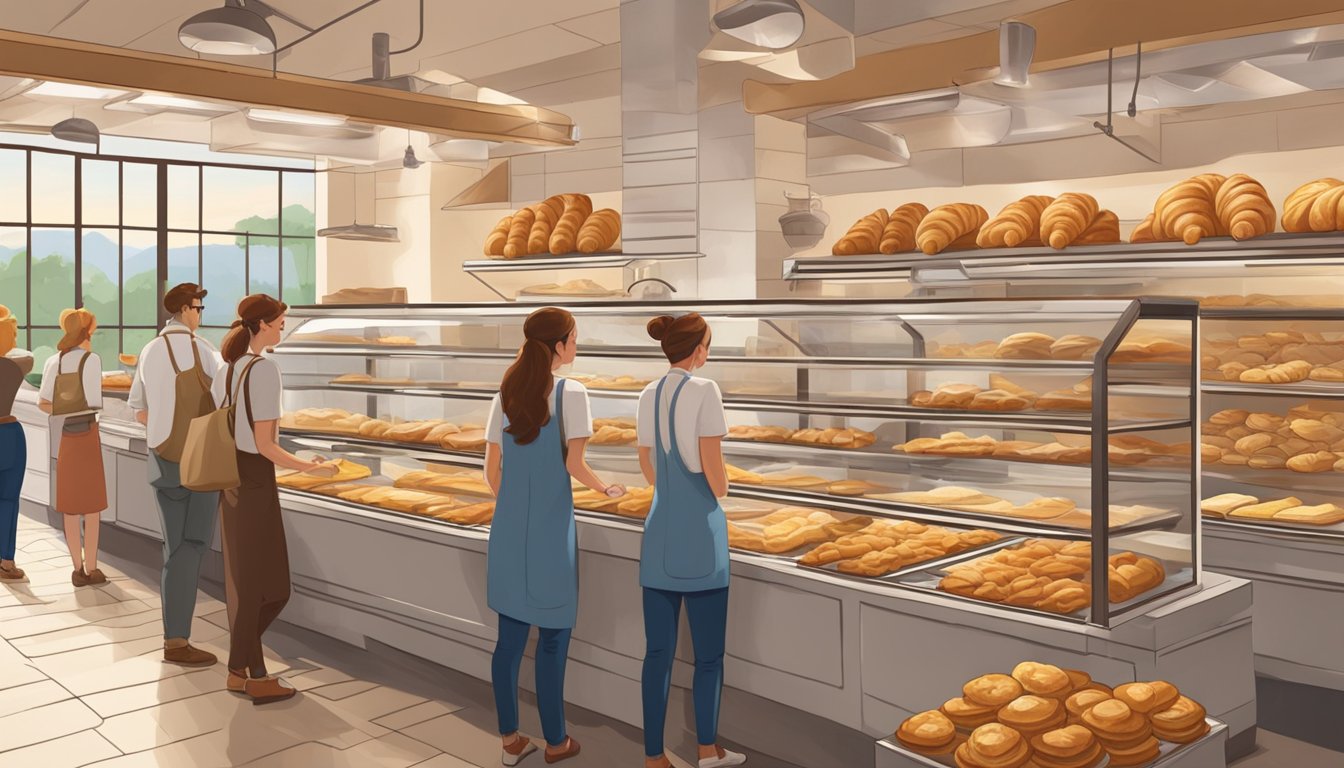 A bustling bakery in Texas, with the aroma of freshly baked croissants filling the air. Display cases are filled with golden, flaky pastries, while customers eagerly line up to savor the best croissants in the Lone Star State