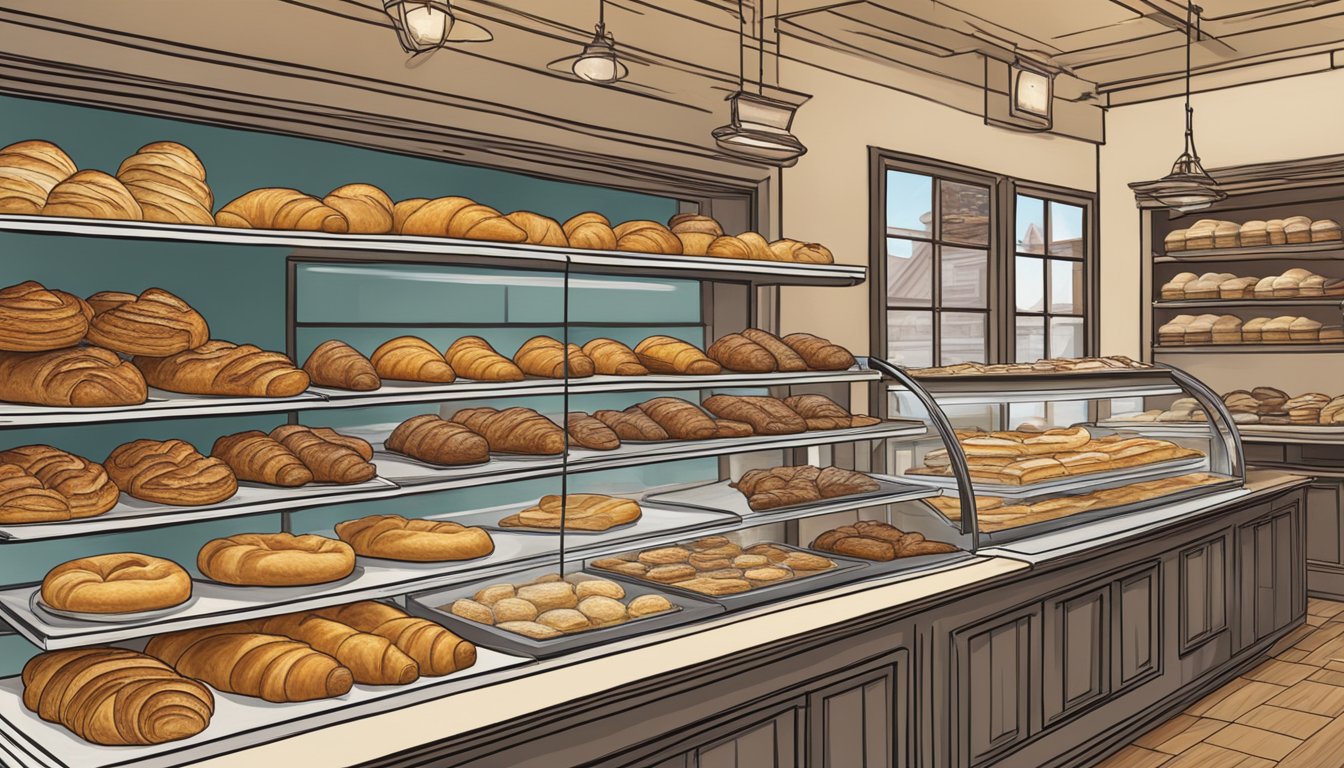 A rustic bakery display contrasts traditional and modern croissants in Texas