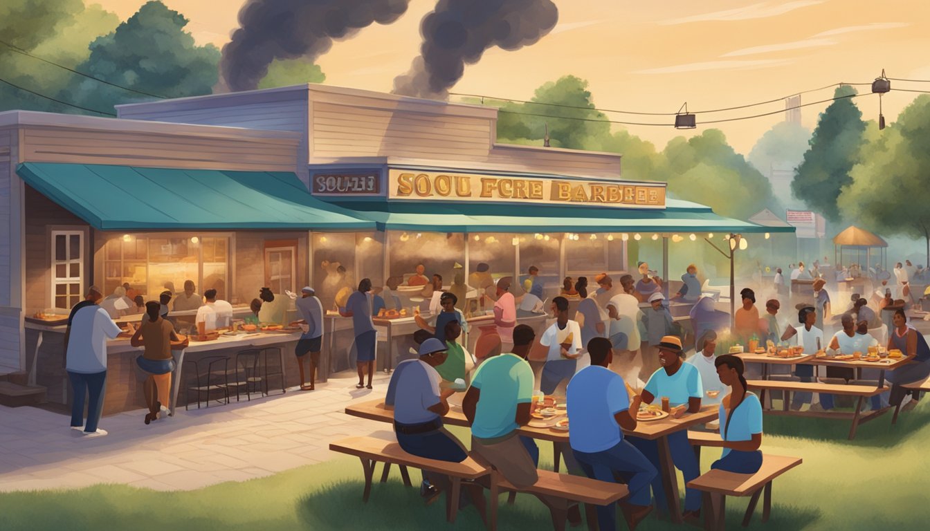 A bustling outdoor barbecue joint with smoke billowing from the pits, picnic tables filled with patrons enjoying plates of mouthwatering soul food