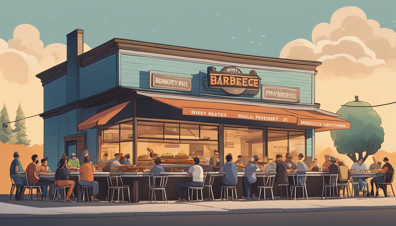 A bustling barbecue joint with smoke billowing from the pit, outdoor seating, and a line of hungry customers eagerly awaiting their mouthwatering meals