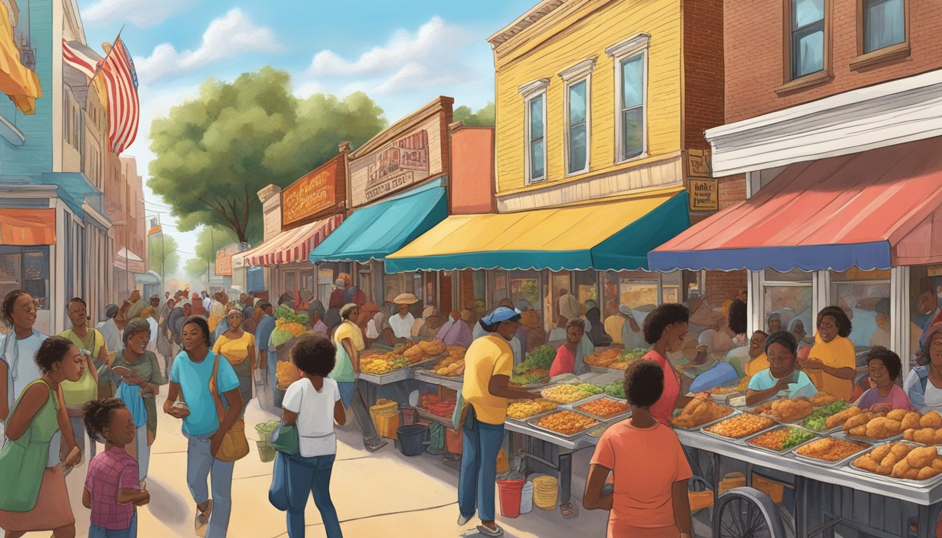 A bustling Texas street lined with colorful soul food joints, the air filled with the mouthwatering aroma of fried chicken, collard greens, and cornbread