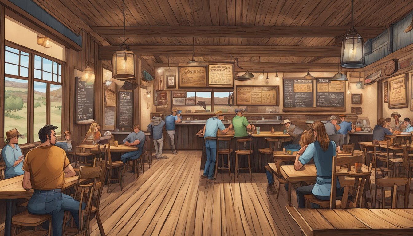 A rustic Texan restaurant with a menu board featuring keto-friendly options, surrounded by cowboy-themed decor and diners enjoying their meals