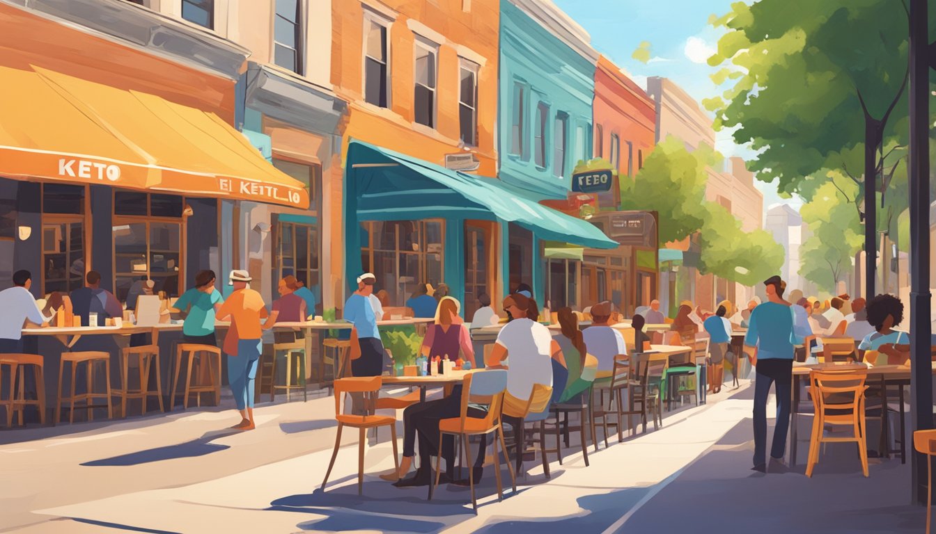 A bustling Texas street lined with colorful keto-friendly restaurants, each with outdoor seating and vibrant signage. Patrons enjoy meals under the warm afternoon sun