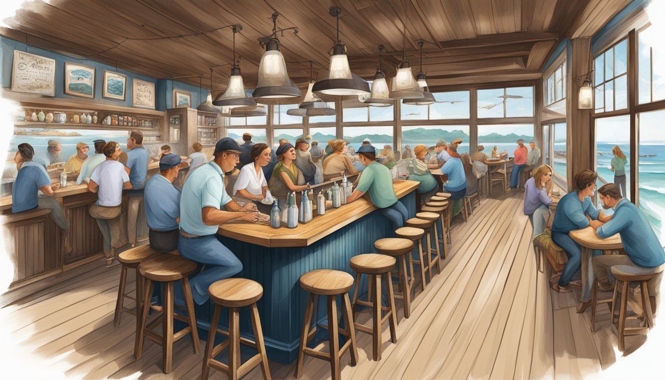 A bustling oyster bar with a rustic coastal vibe, adorned with nautical decor and filled with patrons enjoying fresh seafood and lively conversation