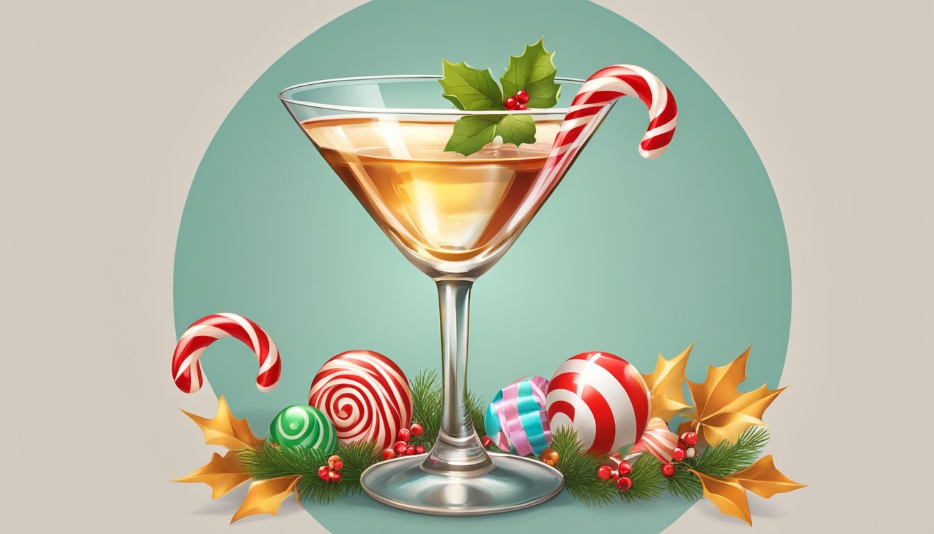 A festive martini glass with a candy cane garnish and a hint of peppermint, surrounded by holiday decorations and a warm, cozy atmosphere