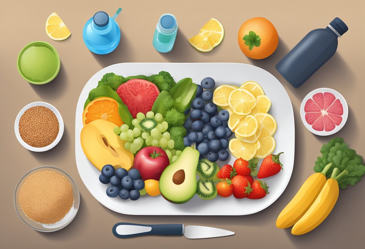 A colorful plate with balanced portions of fruits, vegetables, lean proteins, and whole grains, surrounded by exercise equipment and a water bottle