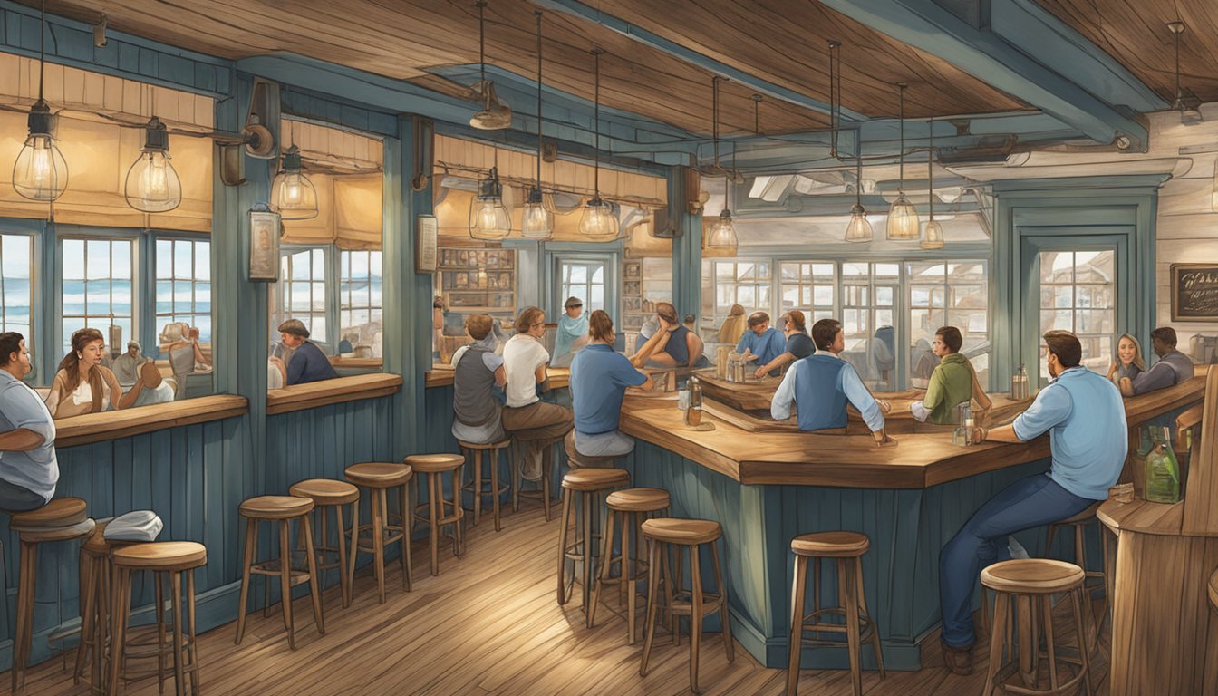 A bustling oyster bar with a rustic, coastal vibe. Wooden tables, nautical decor, and a lively atmosphere