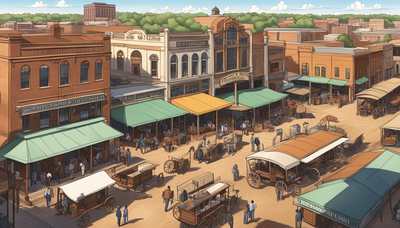 The bustling historic stockyards of Fort Worth, Texas, with iconic western architecture and a lively atmosphere