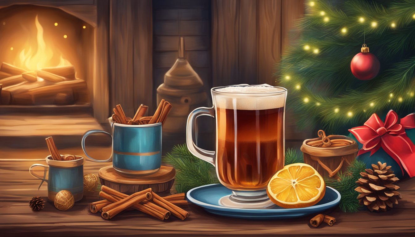 A cozy Texan Christmas scene with a steaming mug of Lone Star Lager Mulled Wine on a rustic table, surrounded by festive decorations