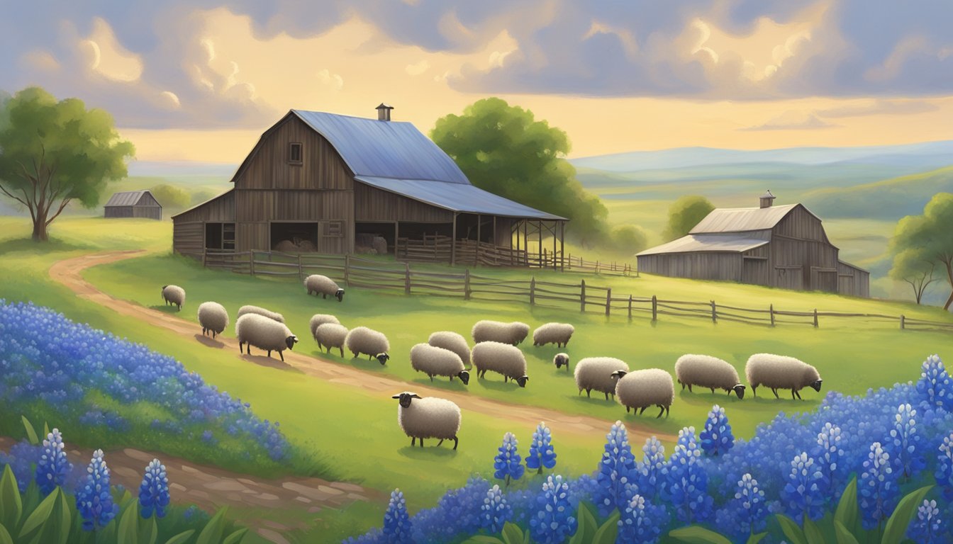 Rolling hills of vibrant bluebonnets surround rustic Texan farm buildings. Sheep graze in the fields, while families enjoy Easter festivities