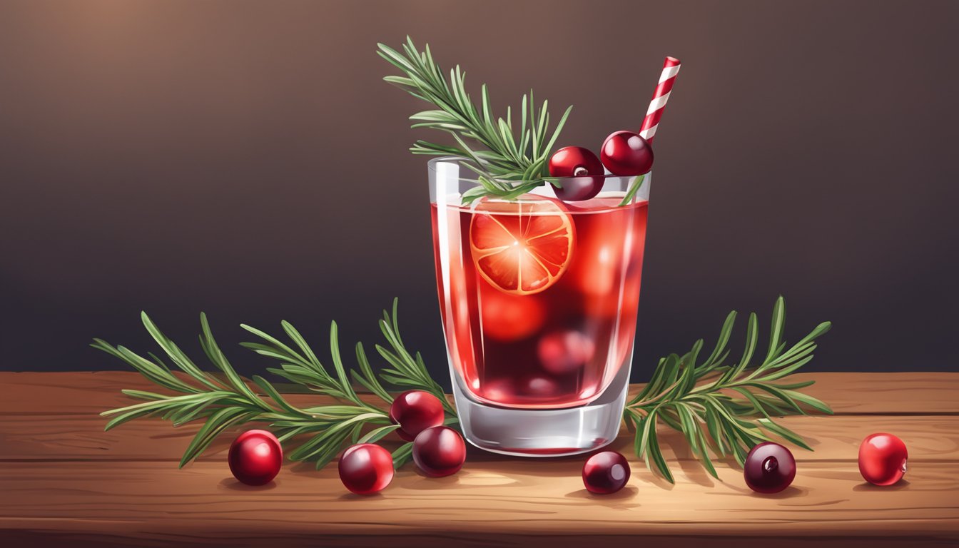 A glass filled with a festive red cocktail, garnished with cranberries and a sprig of rosemary, sitting on a rustic wooden table