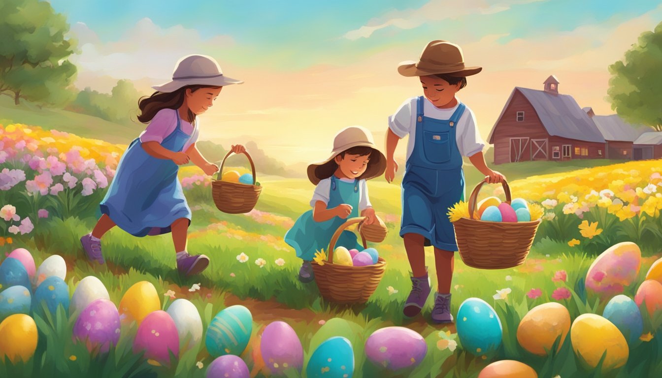 Children searching for Easter eggs in a vibrant, flower-filled field on a Texan farm. Baskets in hand, they scour the grass for colorful eggs