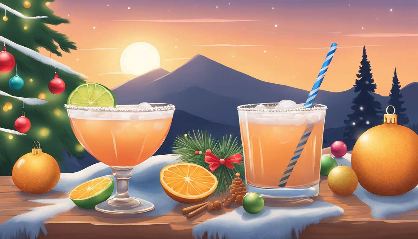 A cozy Texan Christmas scene with a festive Paloma cocktail surrounded by traditional yuletide decorations