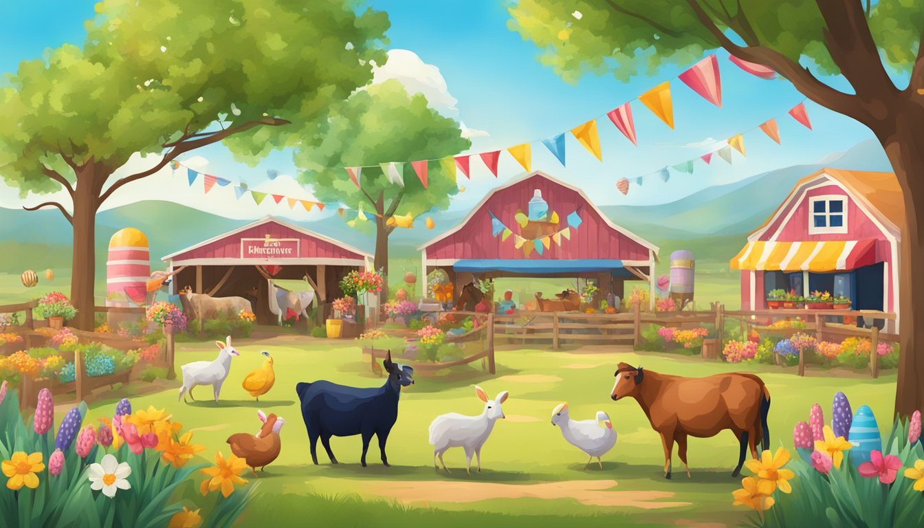 A colorful spring festival at Blase Family Farm with festive decorations, farm animals, and Texan Easter activities