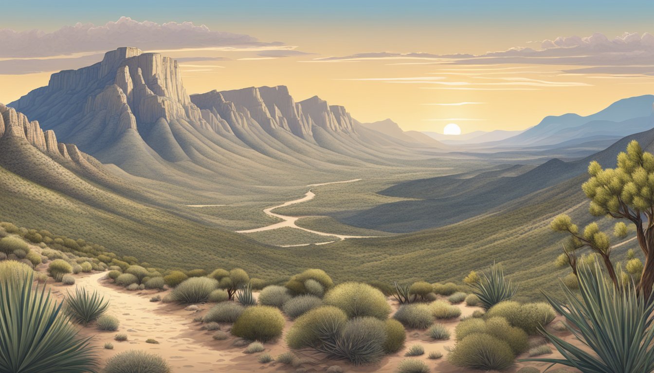 A panoramic view of rugged mountains, desert flora, and a winding trail in Guadalupe Mountains National Park