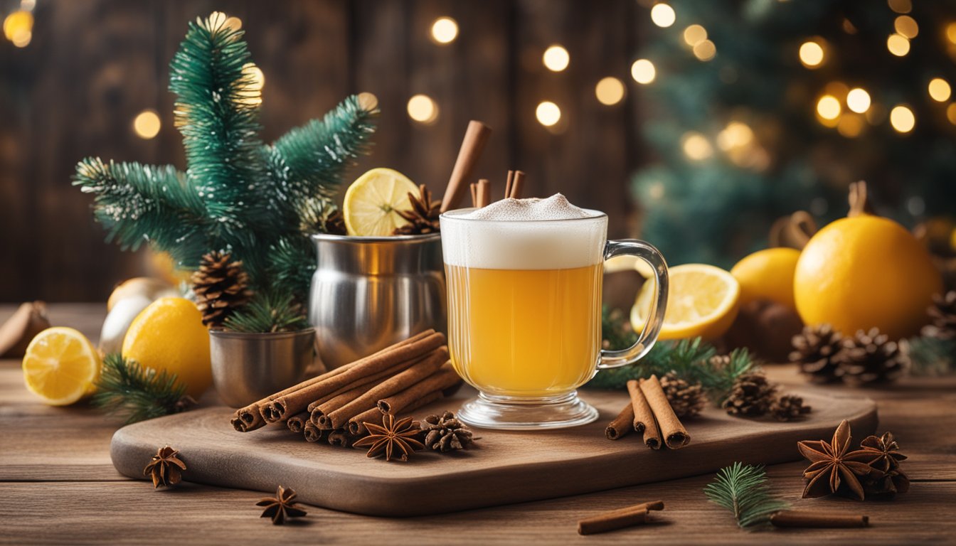 A steaming mug of Dallas Spice Hot Toddy sits on a rustic wooden table, surrounded by festive Texan decorations