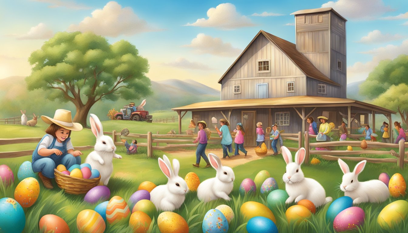 A festive Easter celebration at P-6 Farms, featuring Texan farm scenes with colorful eggs, bunnies, and joyful activities