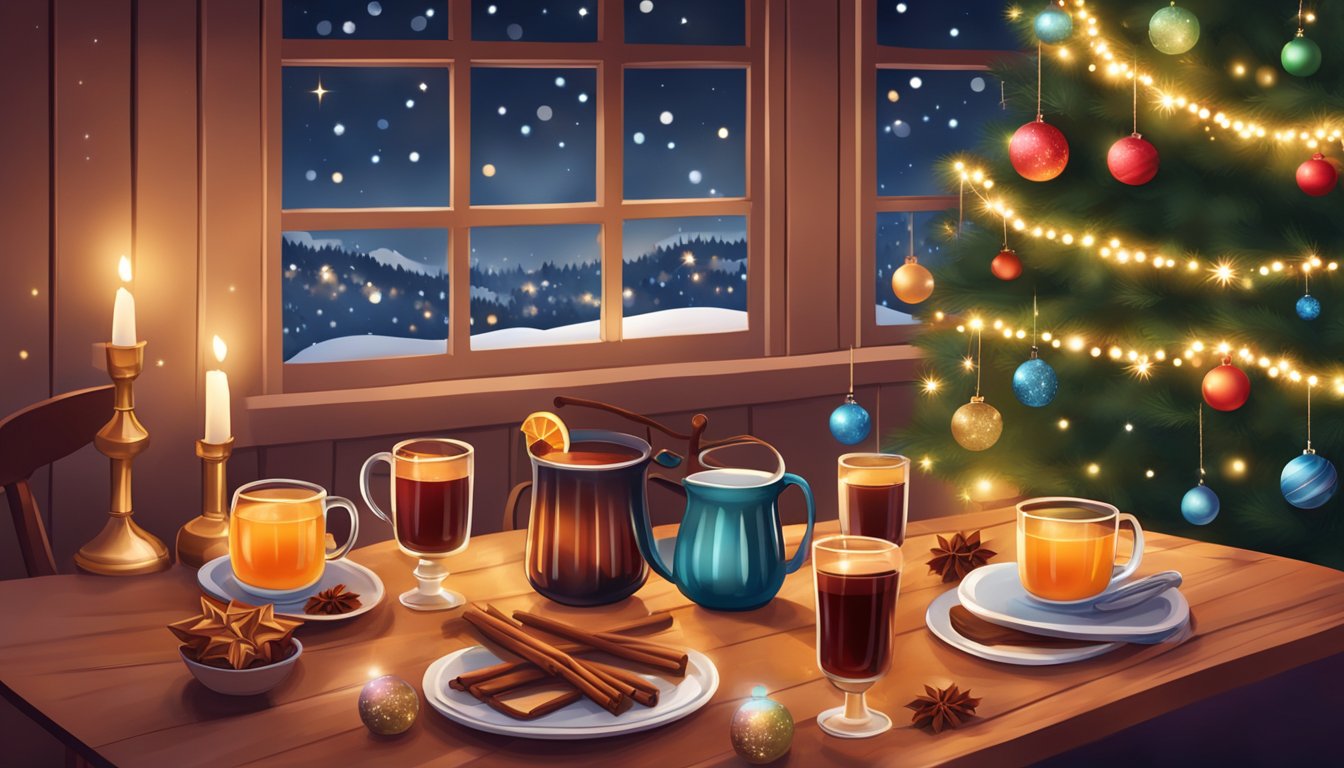 A cozy Texan Christmas scene with a table set with traditional holiday drinks like mulled wine and hot cider, surrounded by festive decorations and twinkling lights