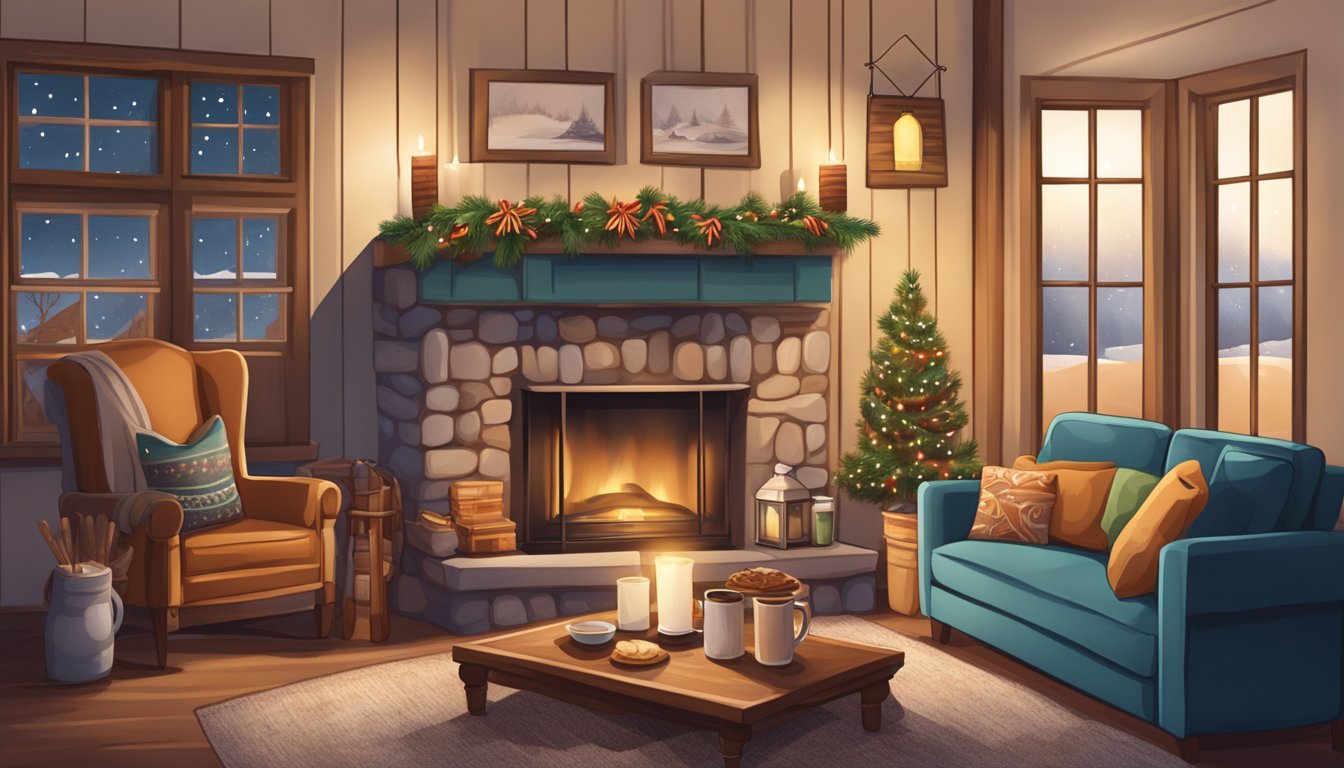 A cozy Texan living room adorned with festive decorations, featuring a table set with mugs of steaming hot cocoa and spiced cider