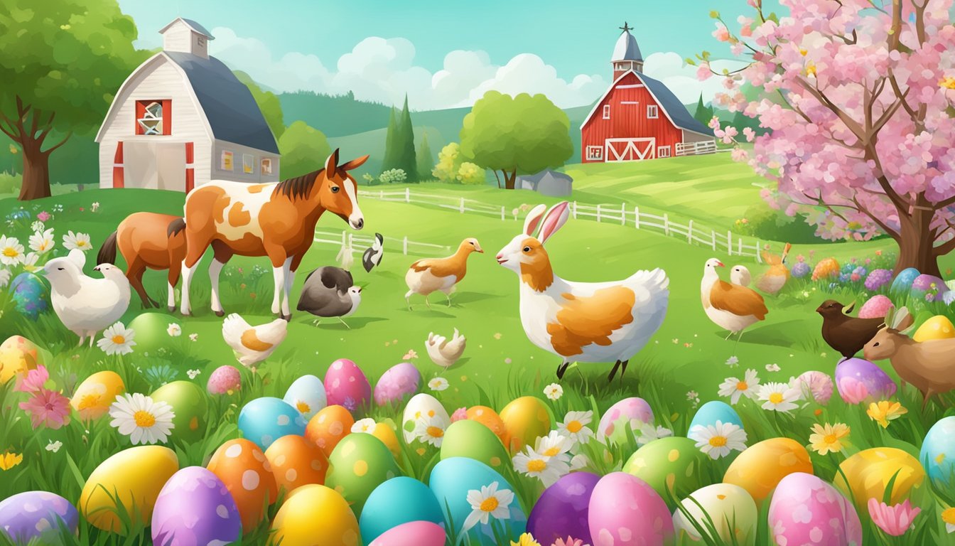 Colorful eggs scattered in lush green fields, surrounded by blooming flowers and playful farm animals. A festive Easter atmosphere at Elgin Christmas Tree Farm