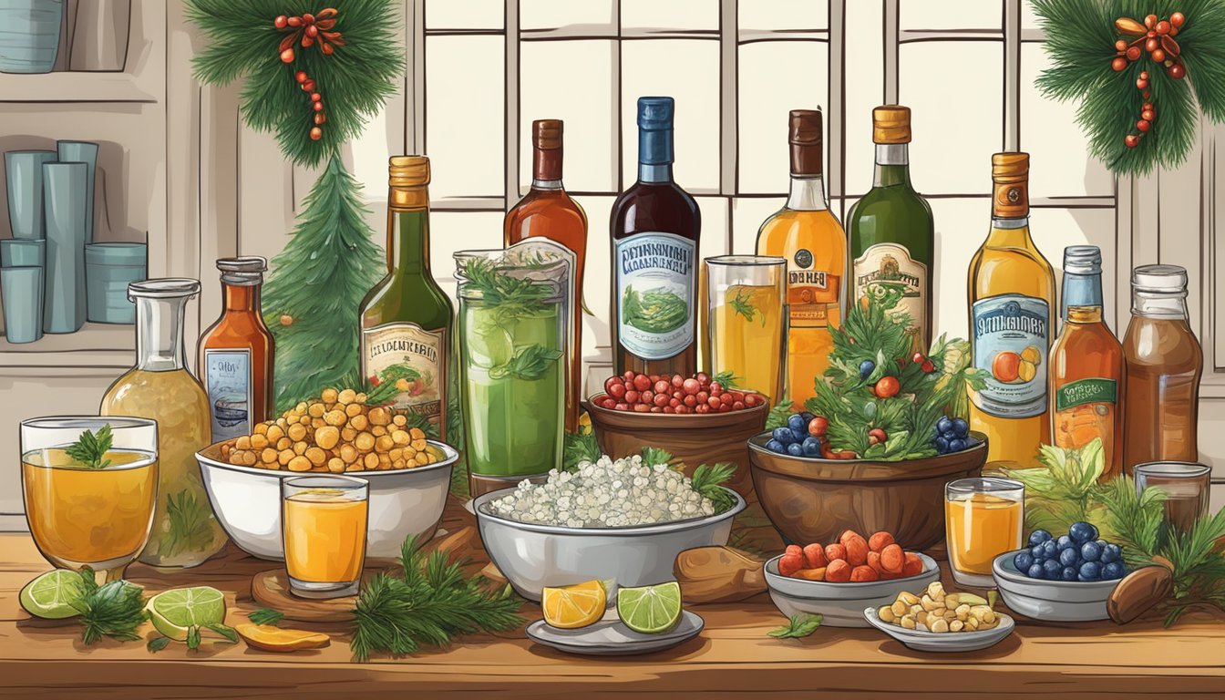 A festive Texan table adorned with an array of non-alcoholic mixers and garnishes, ready to be mixed into refreshing Christmas tipples