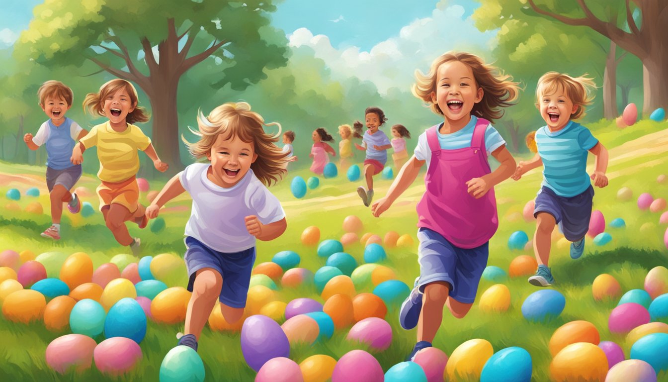 Children laughing and running in a colorful field of Easter eggs at Kitty Hollow Park