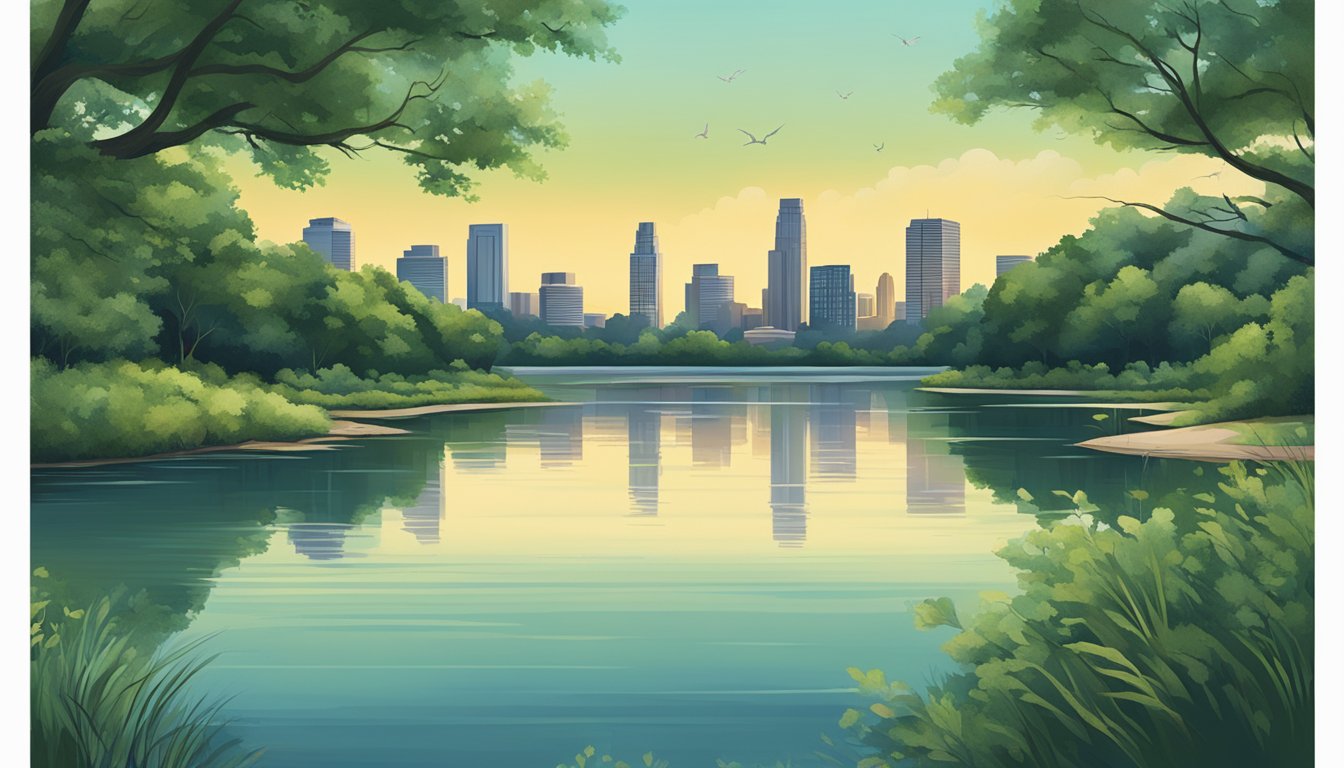 A serene lake surrounded by lush greenery and the Austin skyline in the distance