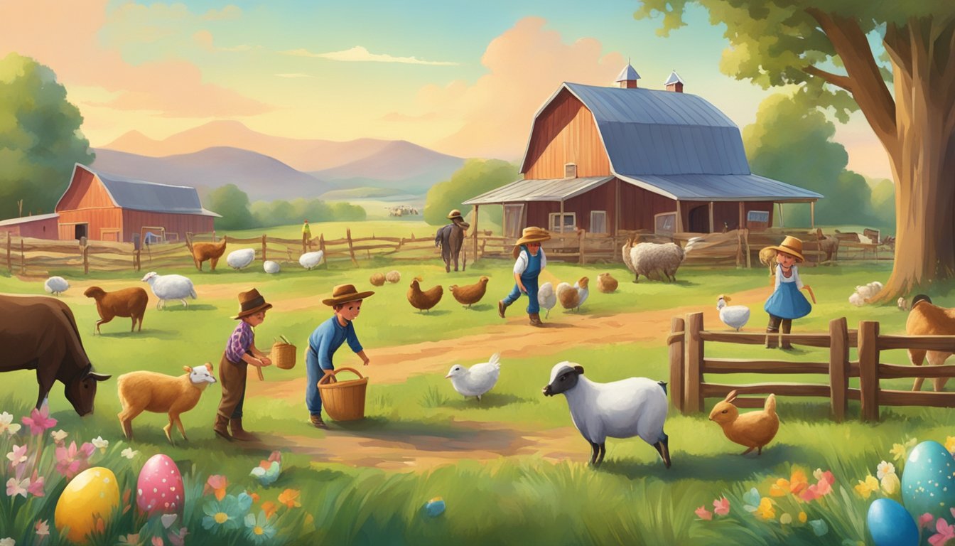 A Texan farm scene with colorful Easter decorations, children hunting for eggs, and farm animals grazing in the background