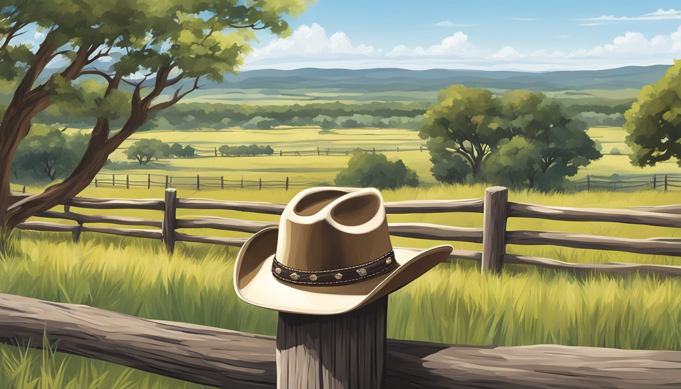 A cowboy hat resting on a wooden fence post in front of a panoramic view of the Texas Hill Country