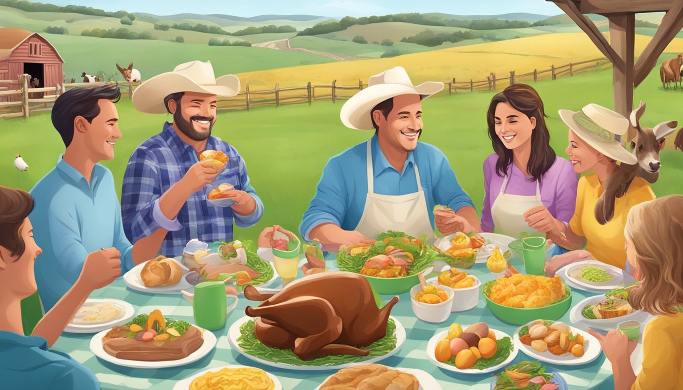 A group of people enjoy a festive Easter meal at a Texan farm, surrounded by rolling hills and farm animals