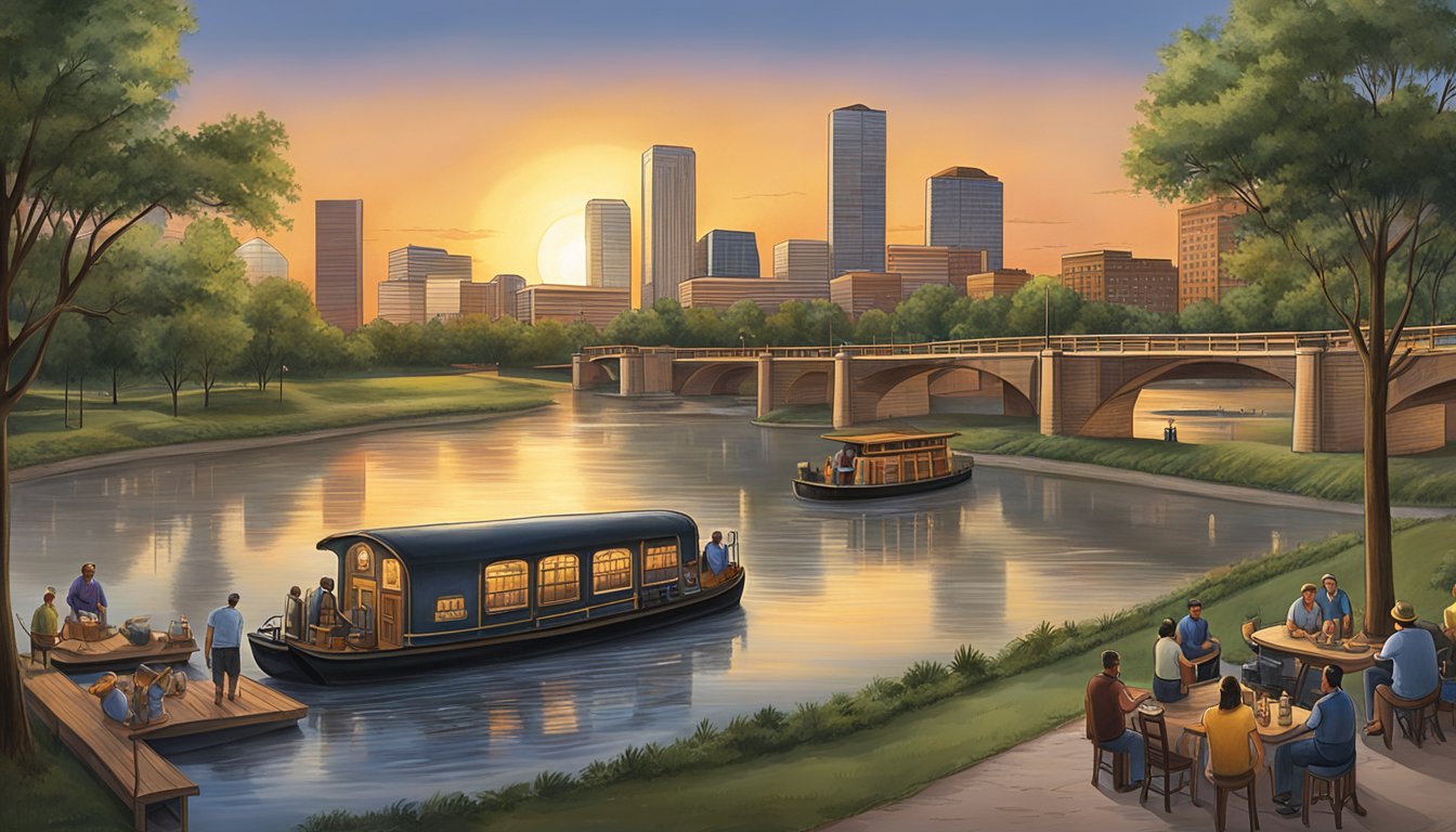 The sun sets over Buffalo Bayou, casting a warm glow on the bustling craft beer scene in 1836 Houston, Texas