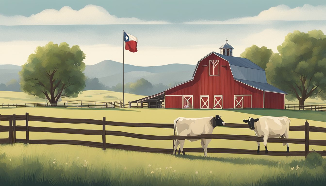 A ranch with grazing cattle, a red barn, and a Texas flag flying