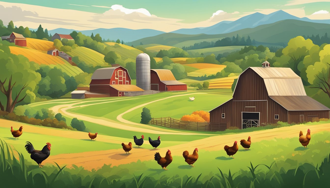 A vibrant farm scene with a rustic barn, rolling green hills, and free-range chickens roaming in the foreground